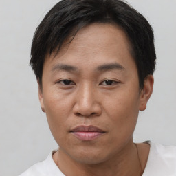 Joyful asian adult male with short  brown hair and brown eyes