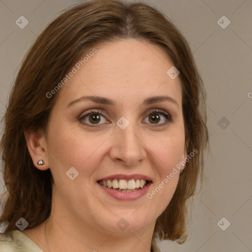 Joyful white young-adult female with medium  brown hair and green eyes