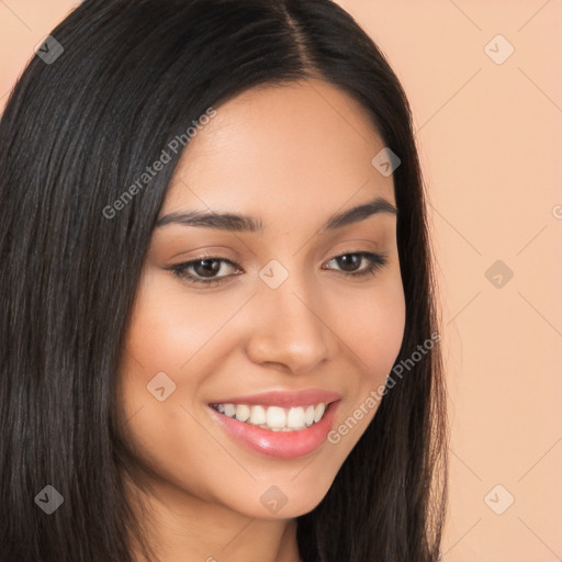 Joyful white young-adult female with long  brown hair and brown eyes