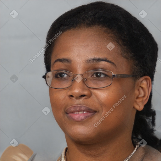 Joyful black adult female with short  brown hair and brown eyes