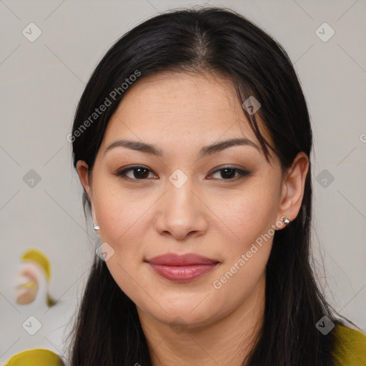 Joyful asian young-adult female with long  brown hair and brown eyes