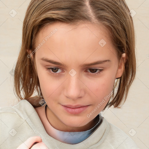 Joyful white child female with medium  brown hair and brown eyes