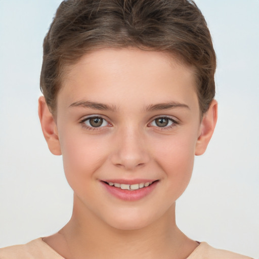 Joyful white child female with short  brown hair and brown eyes