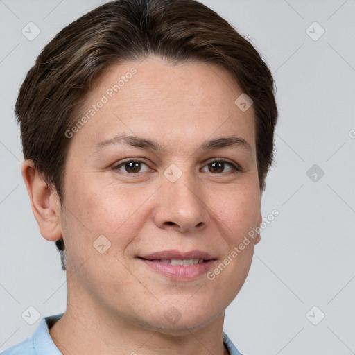 Joyful white adult female with short  brown hair and brown eyes