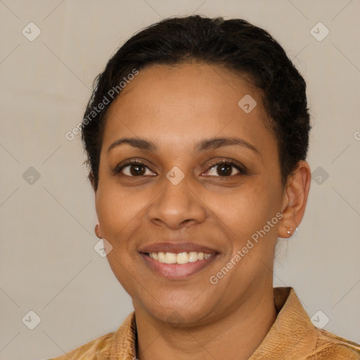 Joyful latino young-adult female with short  brown hair and brown eyes