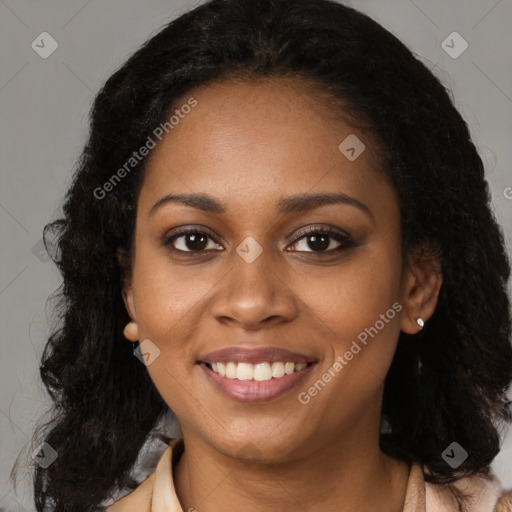 Joyful black young-adult female with medium  brown hair and brown eyes