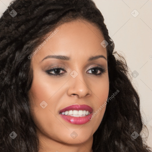 Joyful latino young-adult female with long  brown hair and brown eyes