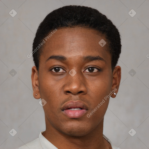 Neutral black young-adult male with short  black hair and brown eyes