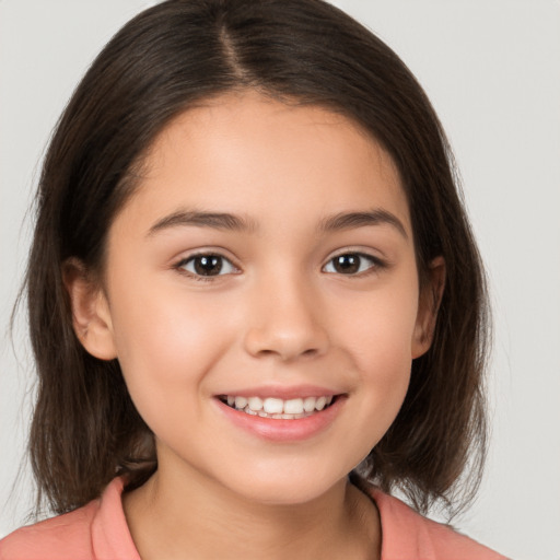 Joyful white child female with medium  brown hair and brown eyes