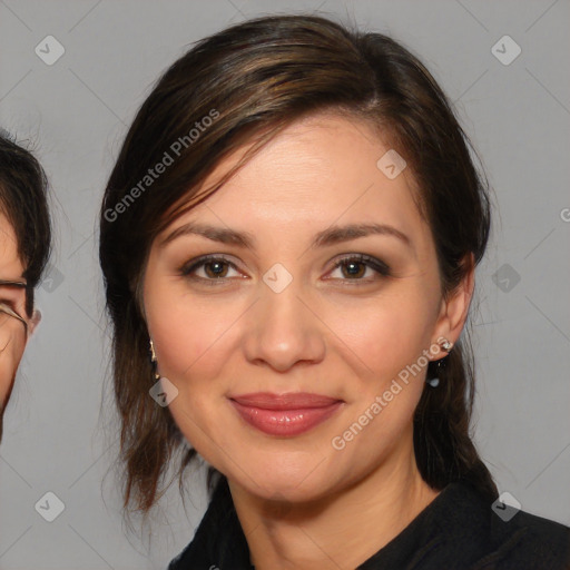 Joyful white young-adult female with medium  brown hair and brown eyes