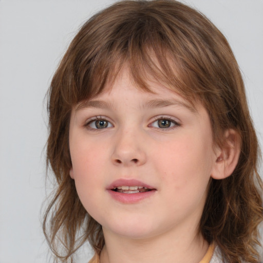 Neutral white child female with medium  brown hair and grey eyes