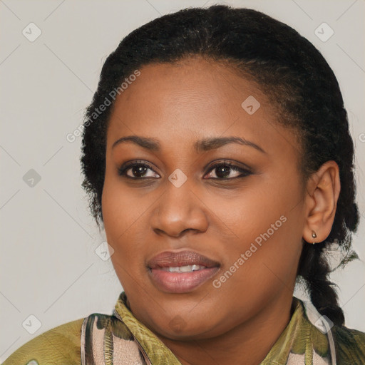 Joyful latino young-adult female with medium  black hair and brown eyes