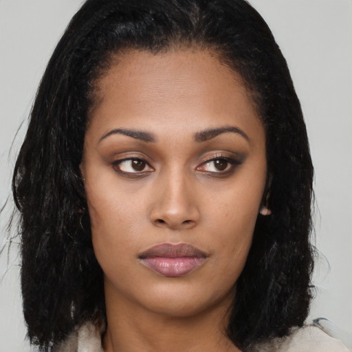 Neutral asian young-adult female with long  black hair and brown eyes