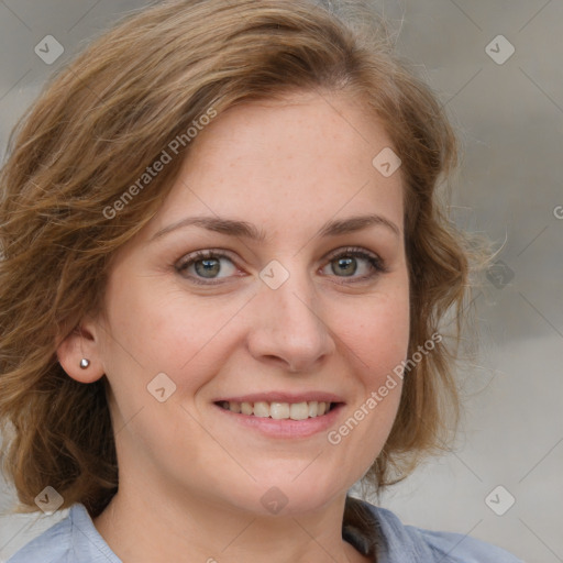 Joyful white young-adult female with medium  brown hair and blue eyes