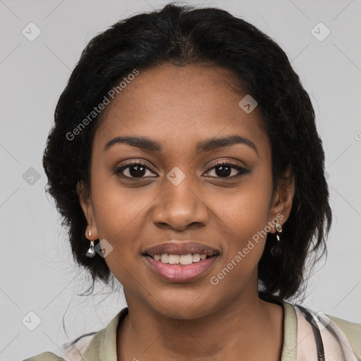 Joyful black young-adult female with medium  black hair and brown eyes