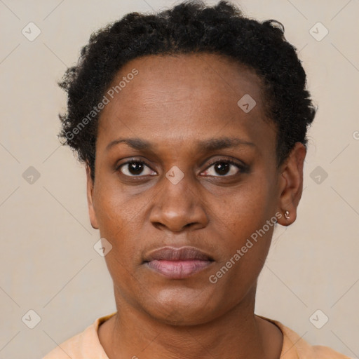 Neutral black adult female with short  brown hair and brown eyes