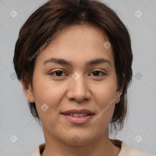 Joyful white young-adult female with medium  brown hair and brown eyes