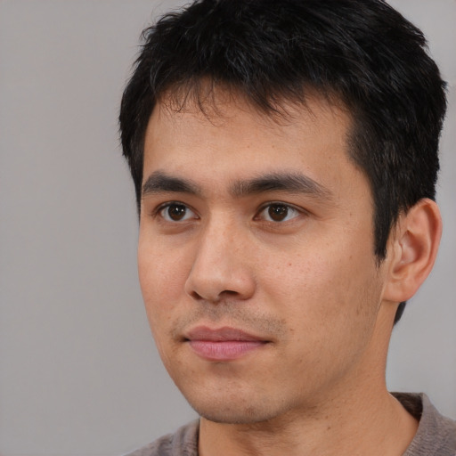 Neutral asian young-adult male with short  black hair and brown eyes