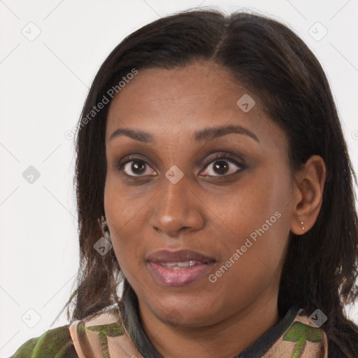 Joyful black young-adult female with medium  brown hair and brown eyes
