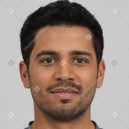 Neutral latino young-adult male with short  black hair and brown eyes