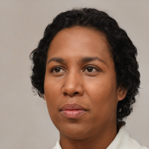 Neutral black adult female with short  black hair and brown eyes