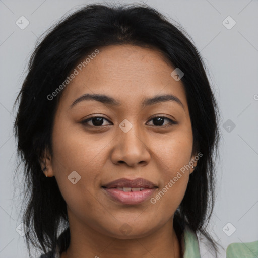 Joyful asian young-adult female with long  brown hair and brown eyes