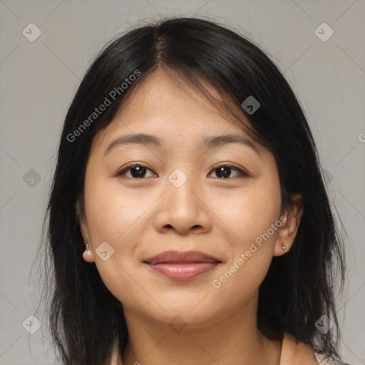 Joyful asian young-adult female with medium  brown hair and brown eyes