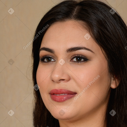 Joyful white young-adult female with long  brown hair and brown eyes