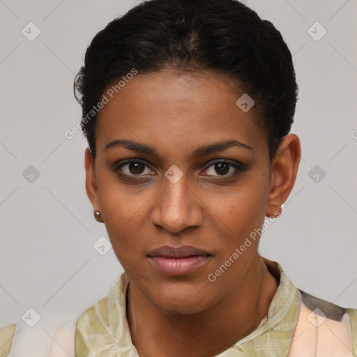 Joyful black young-adult female with short  brown hair and brown eyes