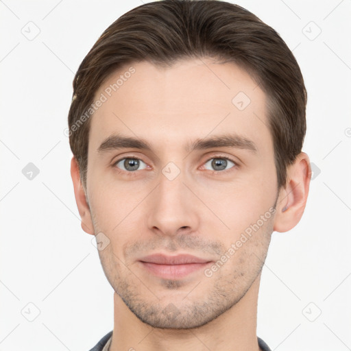 Neutral white young-adult male with short  brown hair and brown eyes