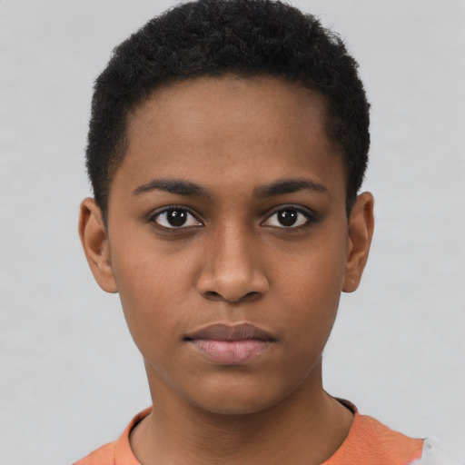 Neutral black young-adult female with short  brown hair and brown eyes