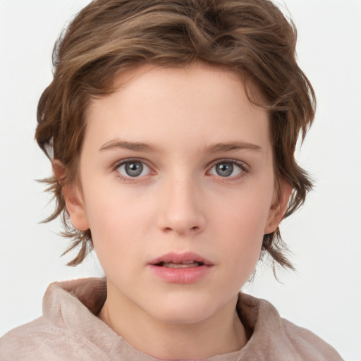 Neutral white child female with medium  brown hair and grey eyes