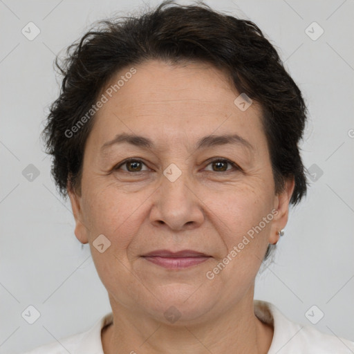 Joyful white adult female with short  brown hair and brown eyes