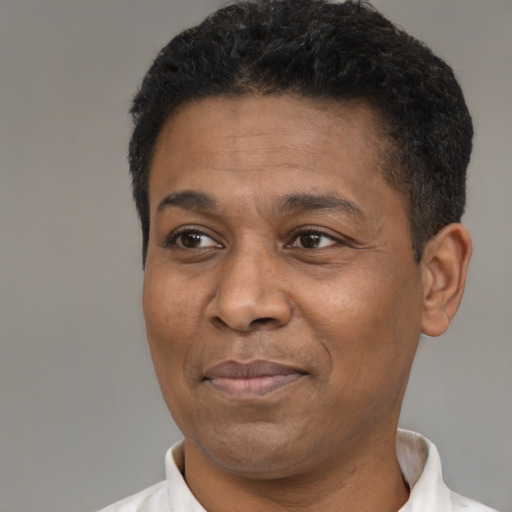 Joyful black adult male with short  black hair and brown eyes