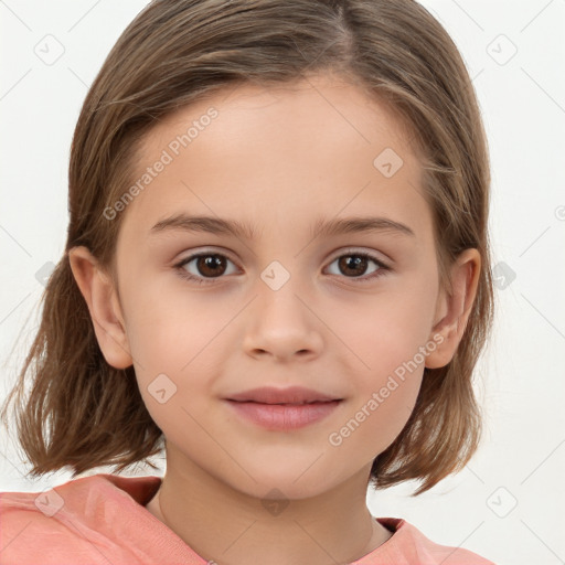 Joyful white child female with medium  brown hair and brown eyes