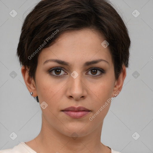 Neutral white young-adult female with short  brown hair and brown eyes