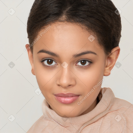 Joyful latino young-adult female with short  brown hair and brown eyes