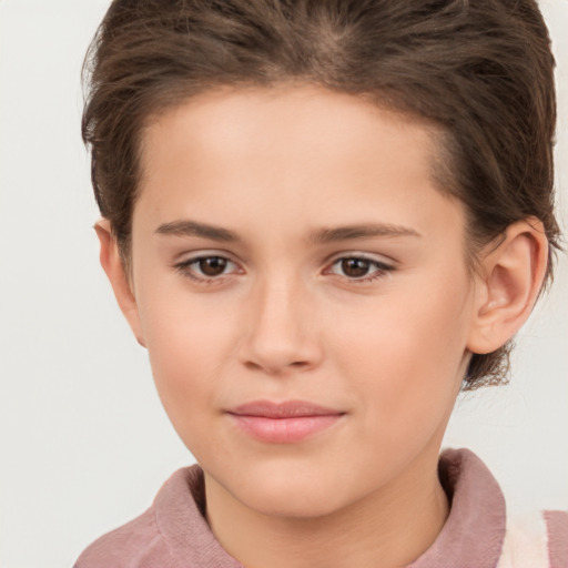 Joyful white child female with medium  brown hair and brown eyes