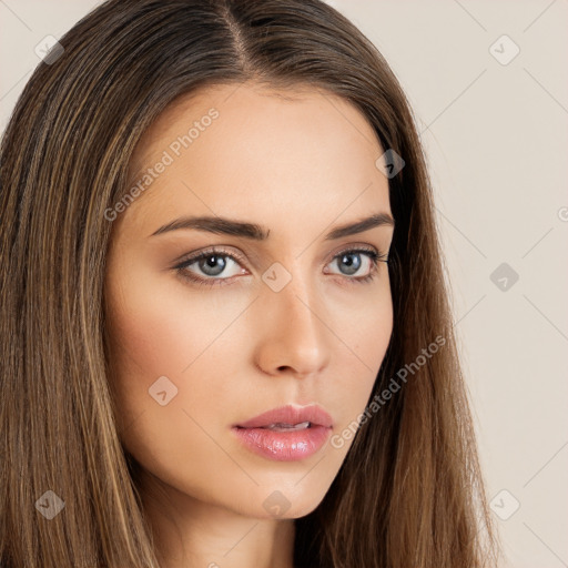 Neutral white young-adult female with long  brown hair and brown eyes