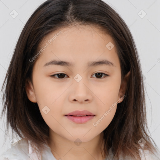 Joyful white child female with medium  brown hair and brown eyes