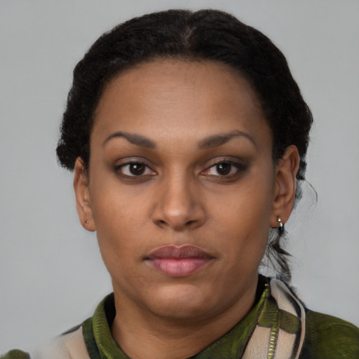 Neutral black young-adult female with short  black hair and brown eyes