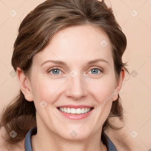 Joyful white young-adult female with medium  brown hair and blue eyes