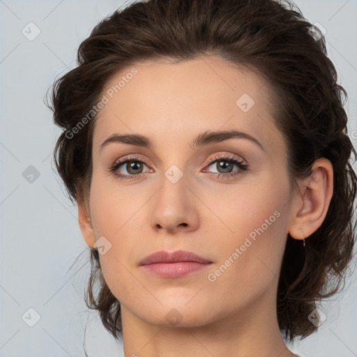 Neutral white young-adult female with medium  brown hair and brown eyes