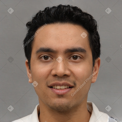 Joyful asian young-adult male with short  black hair and brown eyes