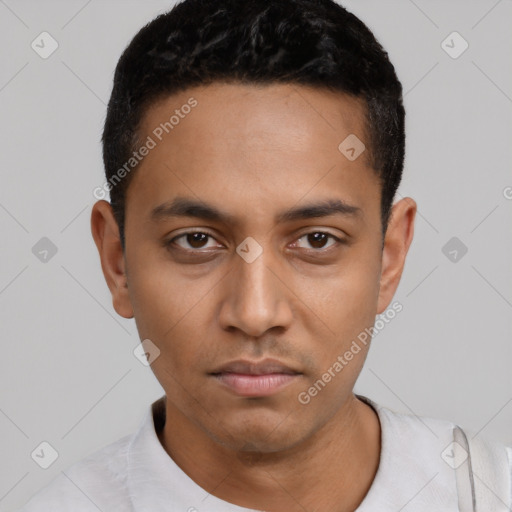 Neutral latino young-adult male with short  black hair and brown eyes
