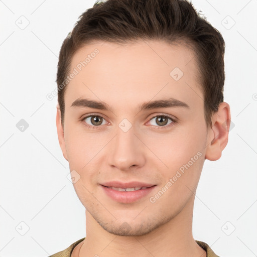 Joyful white young-adult male with short  brown hair and brown eyes