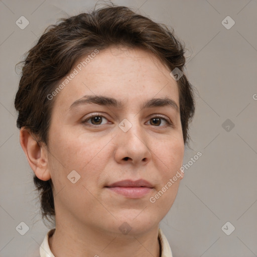 Neutral white young-adult female with short  brown hair and brown eyes