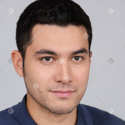 Neutral white young-adult male with short  brown hair and brown eyes