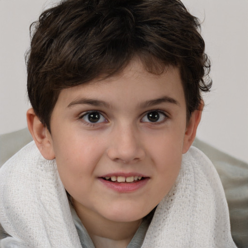 Joyful white child female with short  brown hair and brown eyes