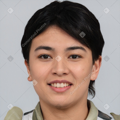 Joyful asian young-adult female with short  brown hair and brown eyes